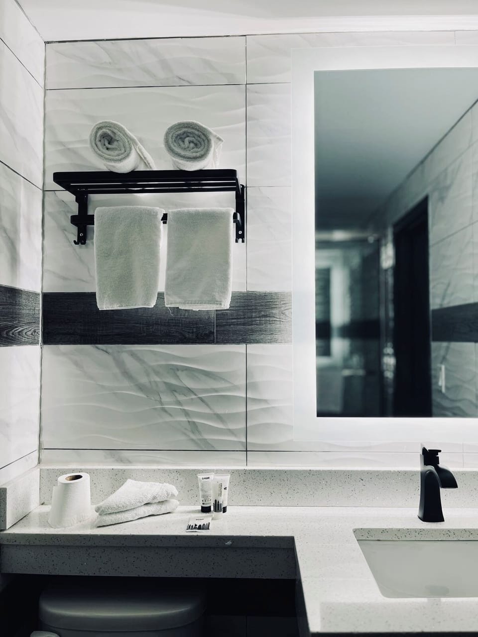 Shower, free toiletries, towels, soap