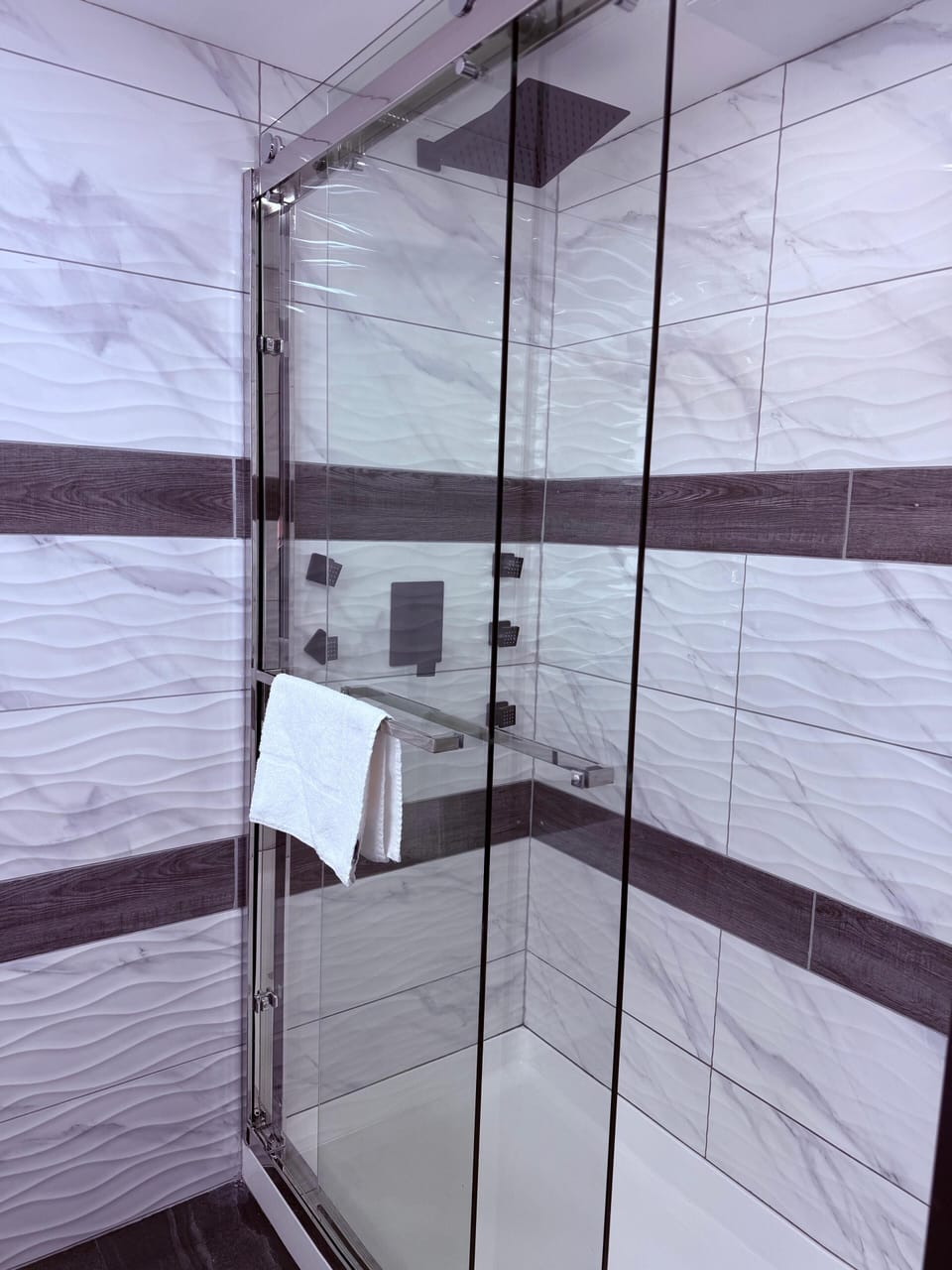 Shower, free toiletries, towels, soap