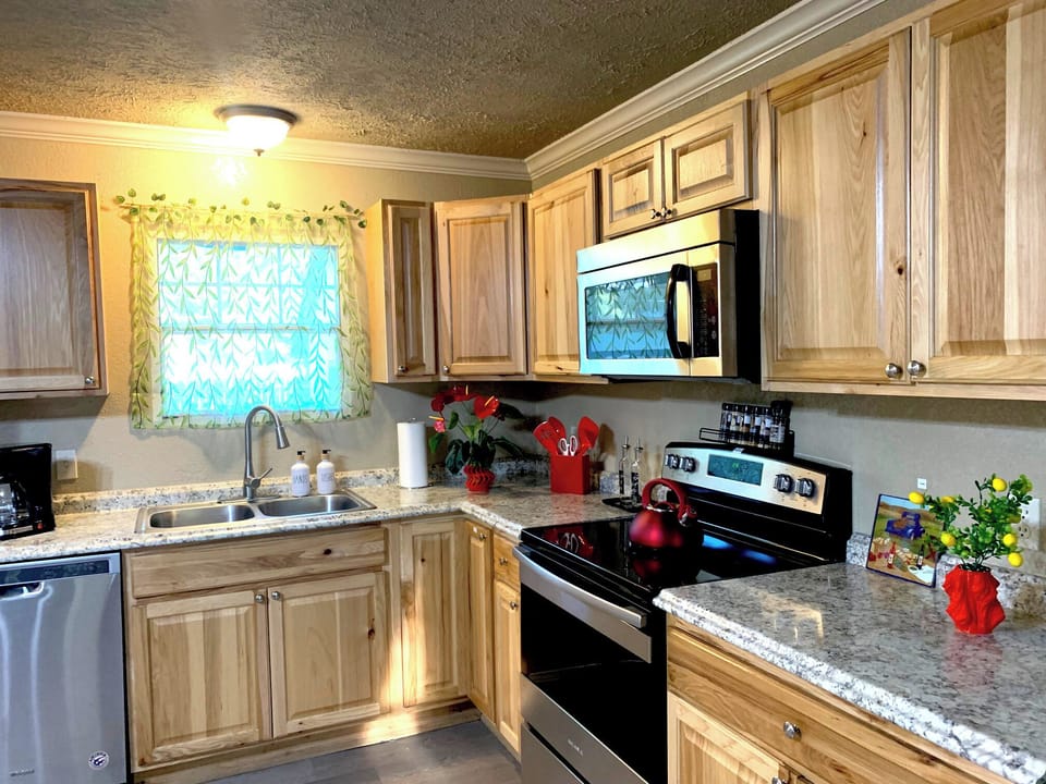 Fully equipped kitchen: Electric stove and oven, Microwave, Dishwasher, toaster