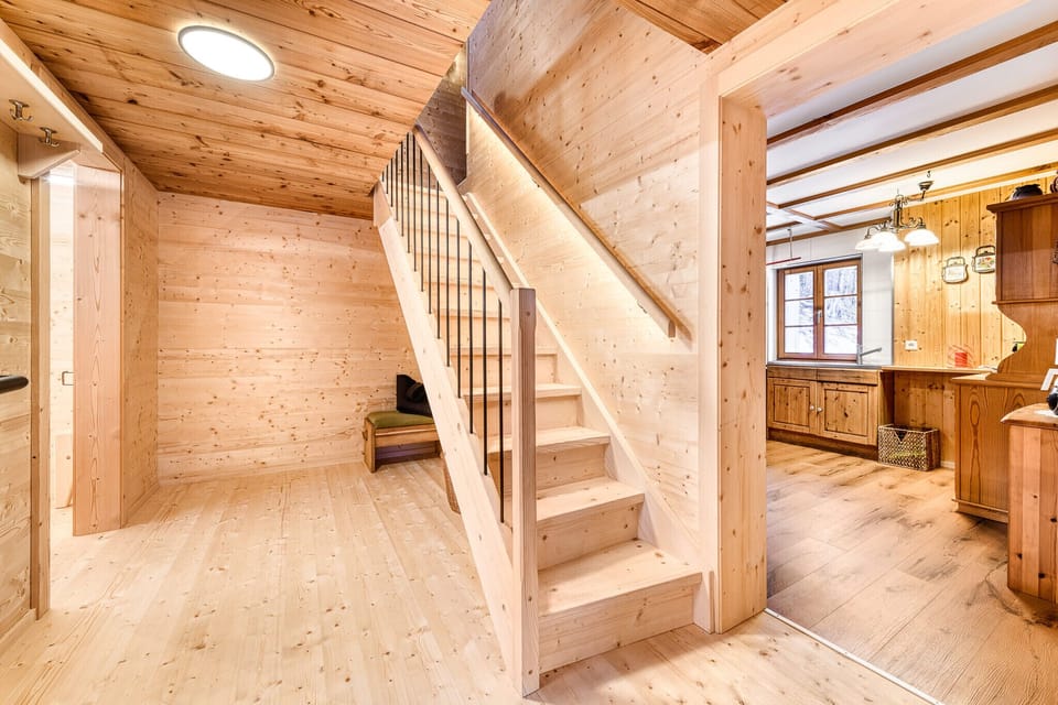 Stairs in the Bernardas Hüsle holiday home in Schnepfau in the Bregenzerwald.