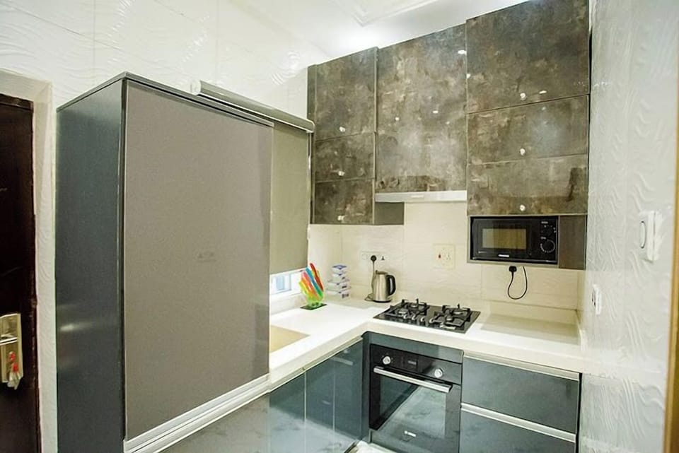 Family Apartment, Balcony, City View | Private kitchen | Fridge, microwave, oven, stovetop