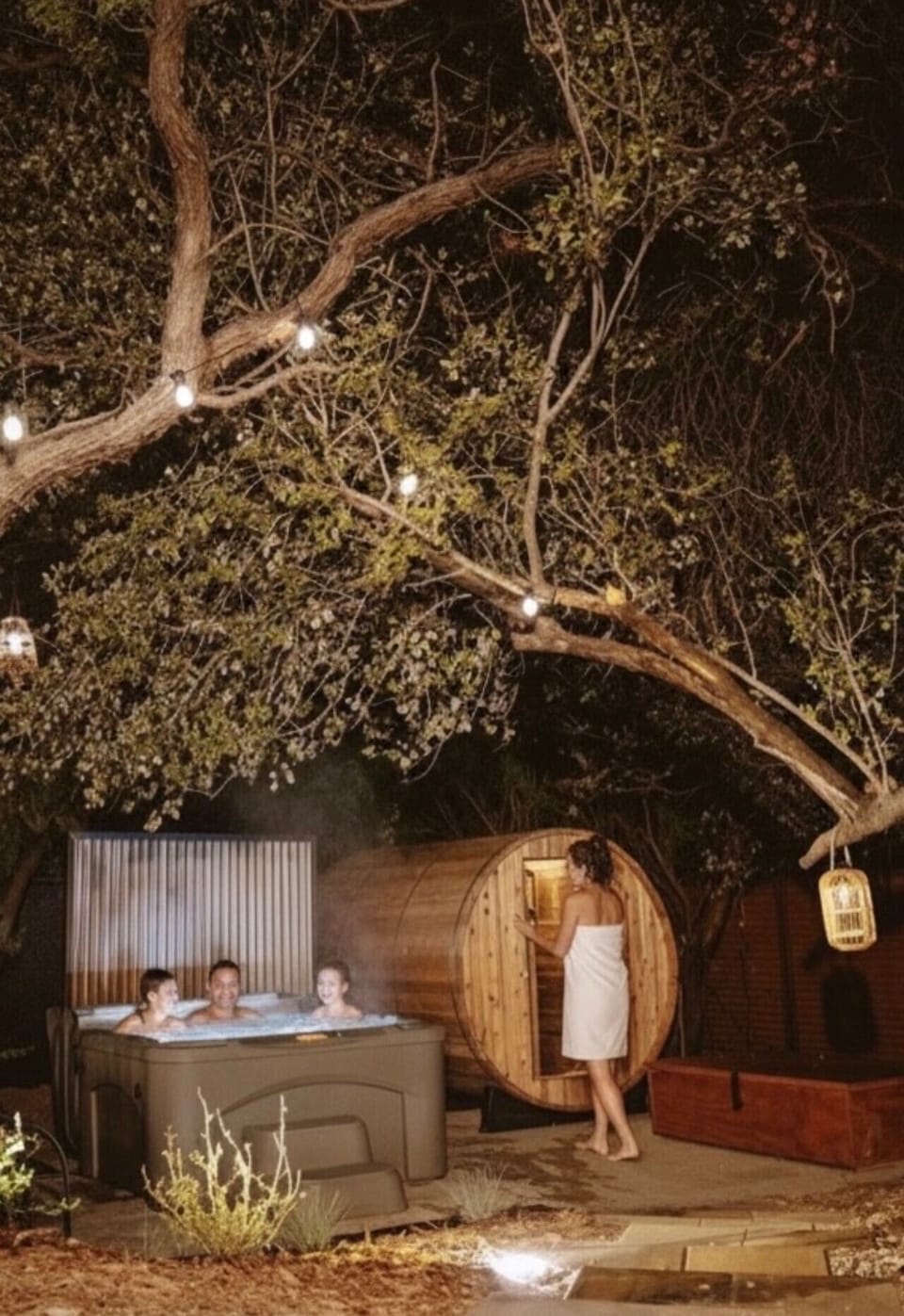 Recharge after a day of hiking or wine tasting with complimentary access to TinyCamp`s shared Wellness Zone, featuring hot tubs, a cedar sauna, and tranquil outdoor surroundings.