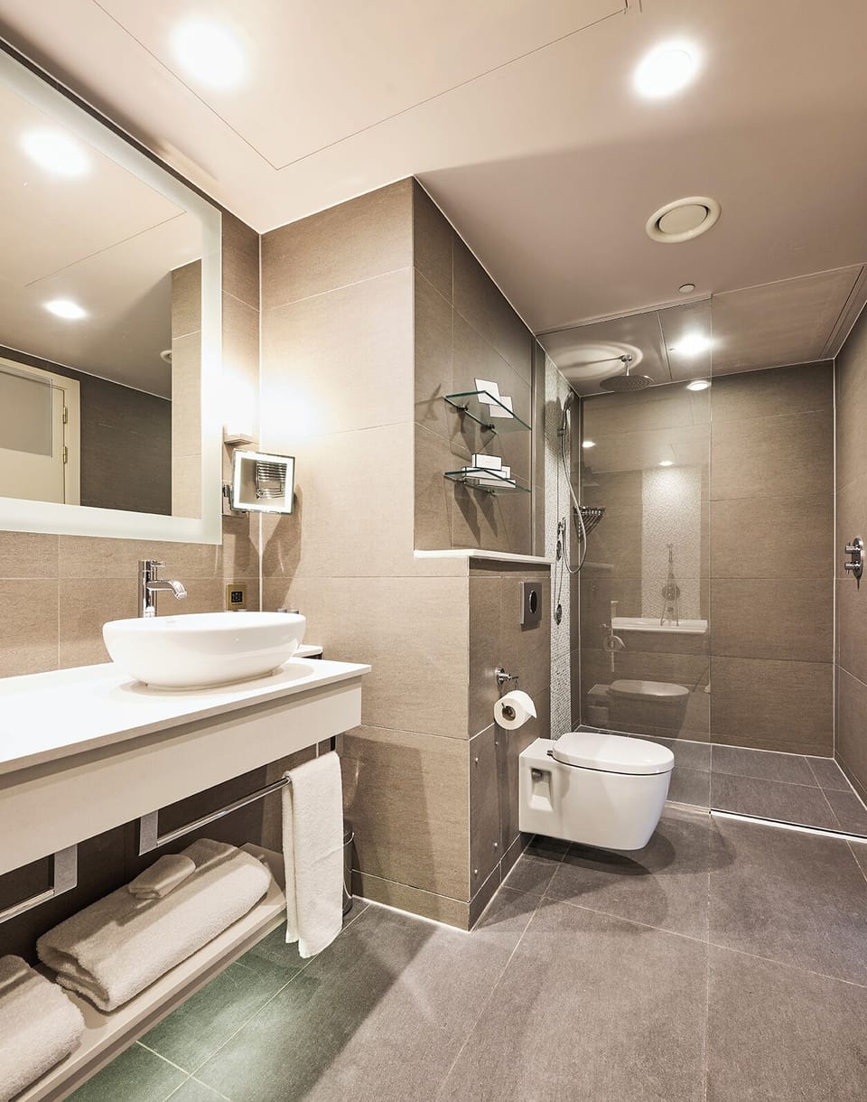 Deluxe Suite | Bathroom | Combined shower/tub, rainfall showerhead, hair dryer, towels
