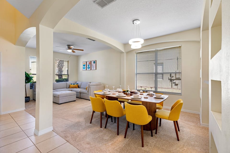 This stylish dining space comfortably seats eight.