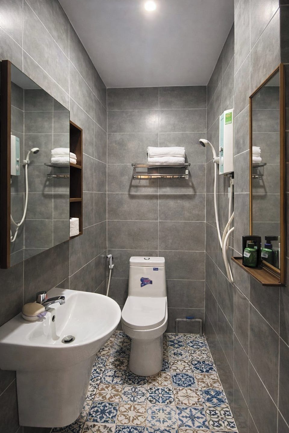 Shower, hair dryer, slippers, towels