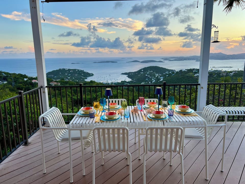 Covered outdoor dining with westerly views over Great Cruz Bay/Pillsbury Sound