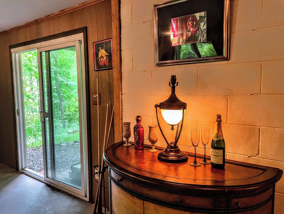 The dude abides over our vintage bar area. 