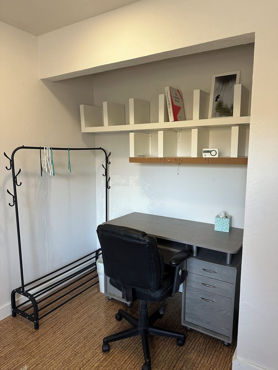 Trundle bed room...desk, shelves, clothes rack
