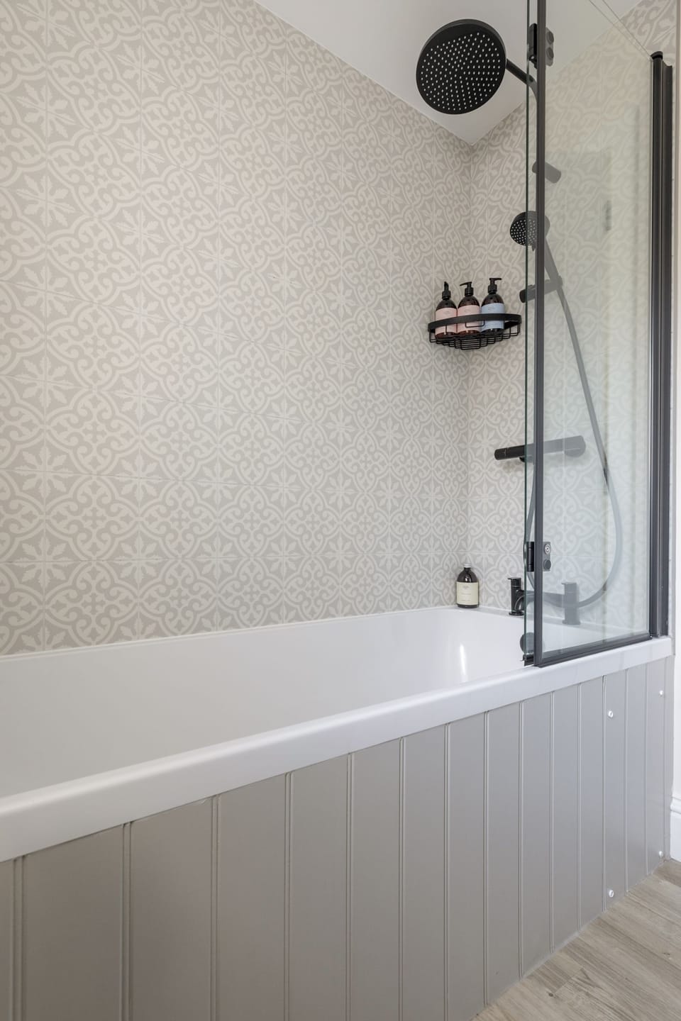 Honeysuckle Cottage - bathroom with bath and rainforest shower