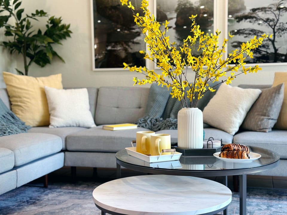 Gather around the coffee table for morning coffee or evening chats. 