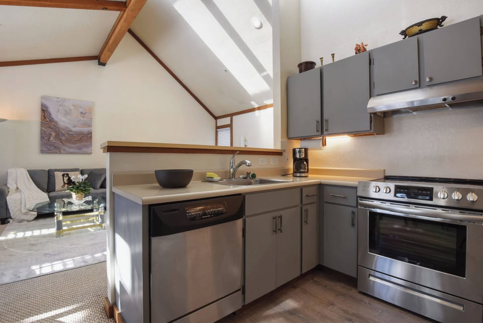 Kitchen with drip coffee pot, dishwasher, slow cooker and electric stovetop
