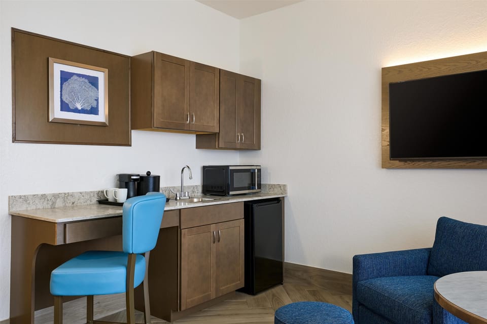 Mini-fridge, microwave, coffee/tea maker