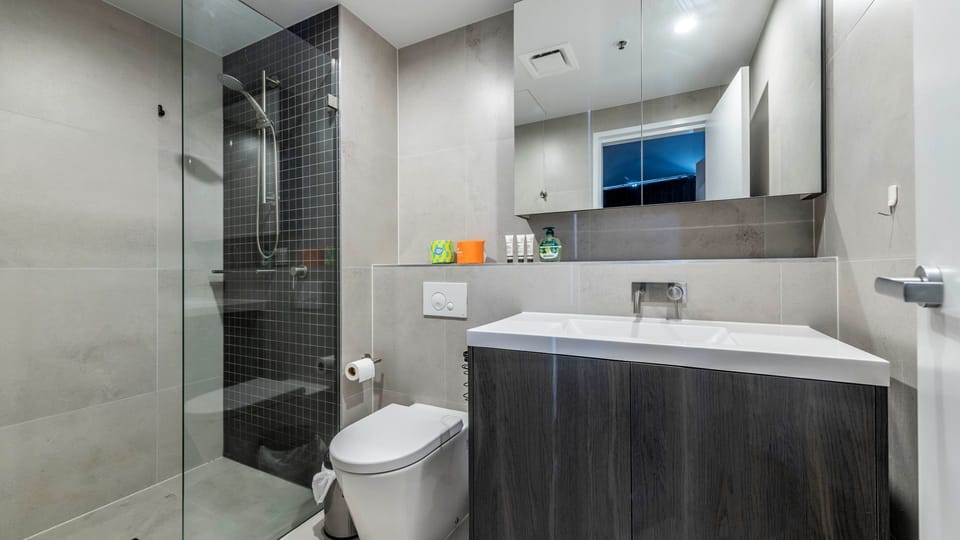 Sleek and stylish bathroom space.