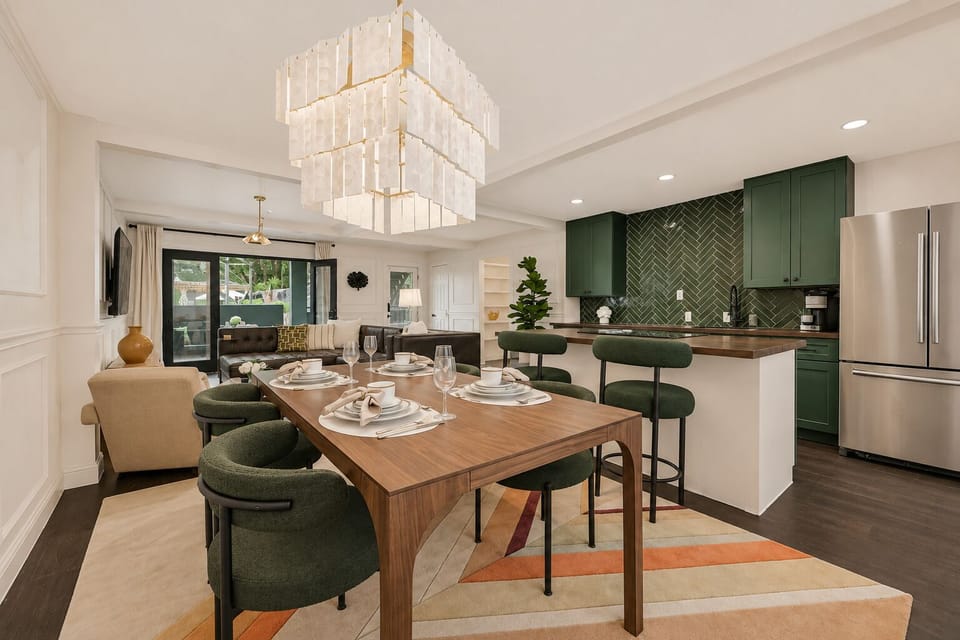The dining table that’s perfect for both meals and work, complemented by a beautiful chandelier to add a touch of light and elegance when needed.