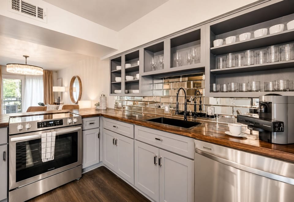 Spacious kitchen with sleek, modern appliances, fully equipped for all your cooking and dining needs.