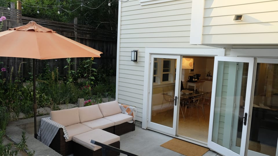 Sunken patio with entrance to hideway