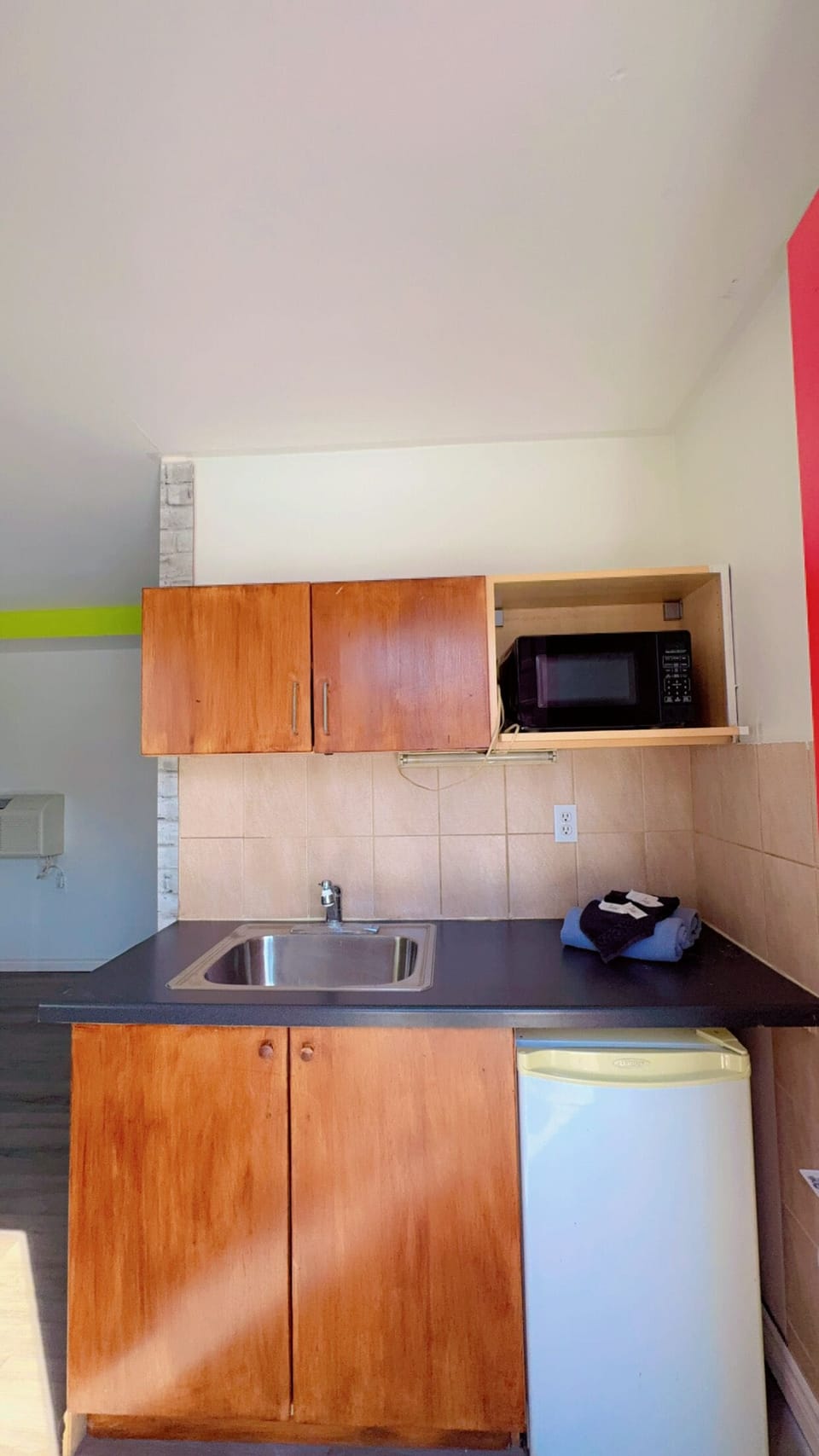 Mini-fridge, microwave