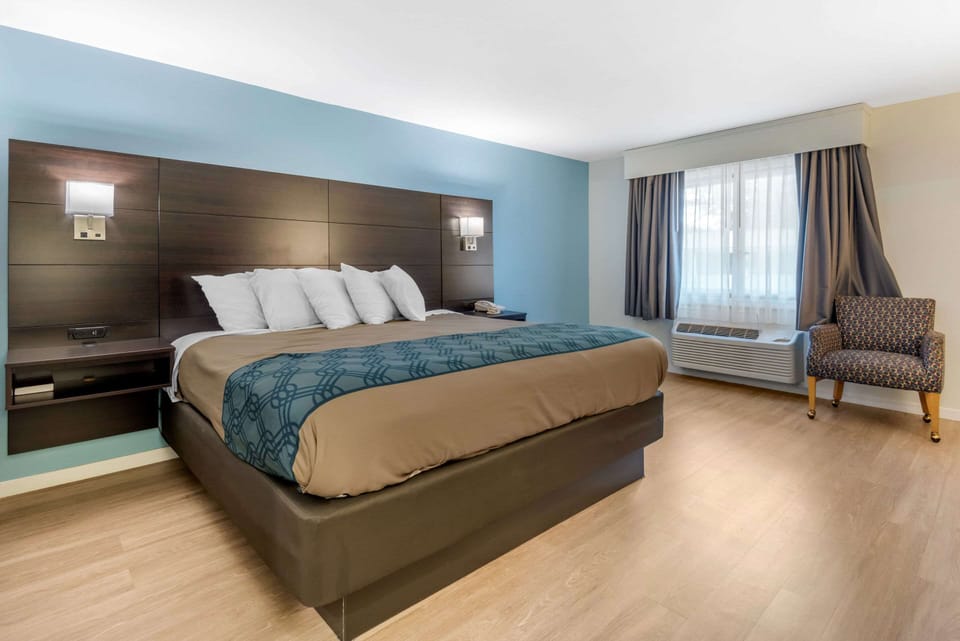 Premium bedding, desk, laptop workspace, blackout drapes