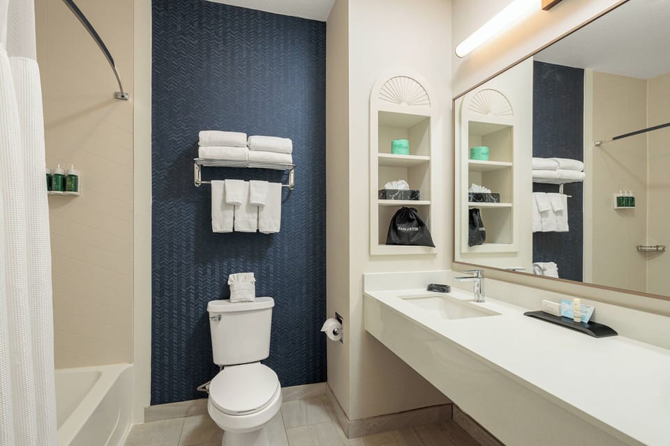 Combined shower/tub, free toiletries, hair dryer, towels