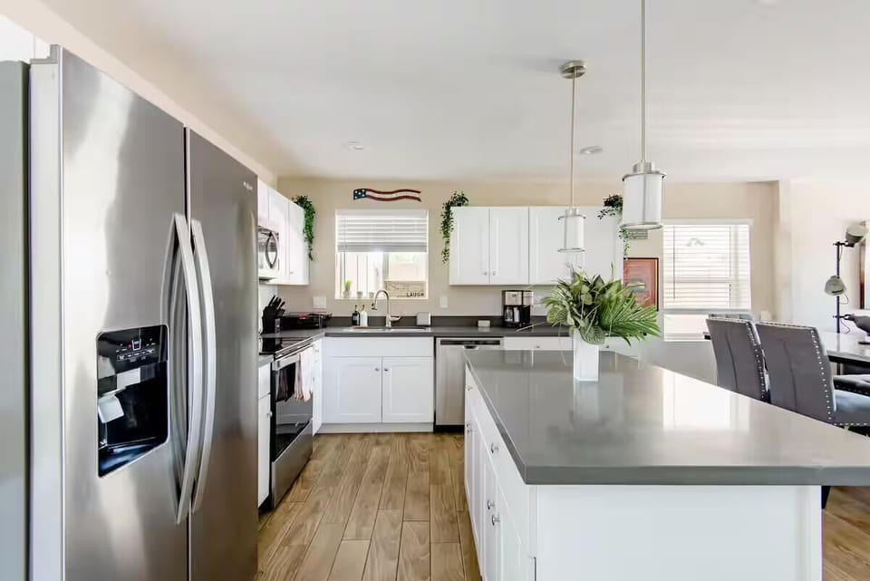 Kitchen: Included: Coffee/Kcups, Tea, creamers, sugar/sweetener Plastic and glass cups, outdoor beverage containers, coffee mugs Large cooking griddle, slow cookers, Large blender (ninja), pots, pans, cooking utensils, grilling utensils,