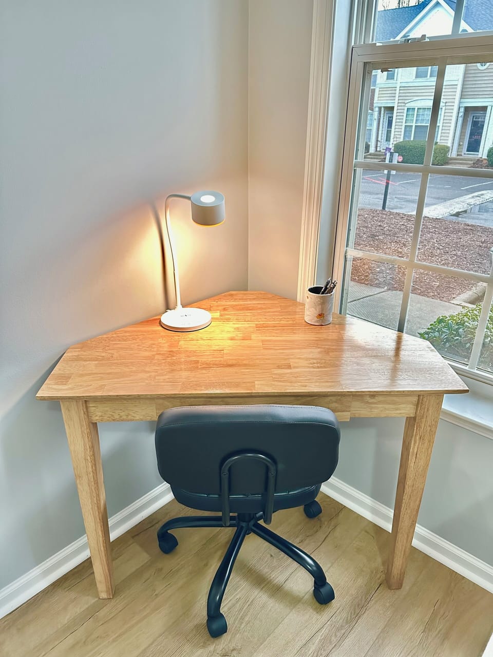 Dedicated work space with desk chair