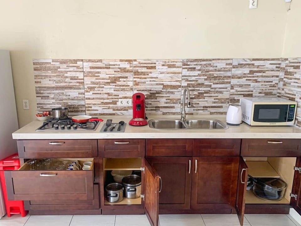 Fully equipped modern kitchen,
with a gas stovetop, microwave, coffee machine, electric kettle, and essential cookware, utensils, and glassware. With a spacious countertop, double sink, and ample storage.