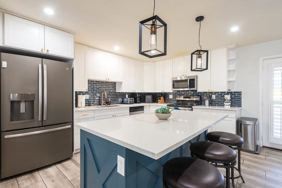 Kitchen island setup perfect for morning coffee or casual dining