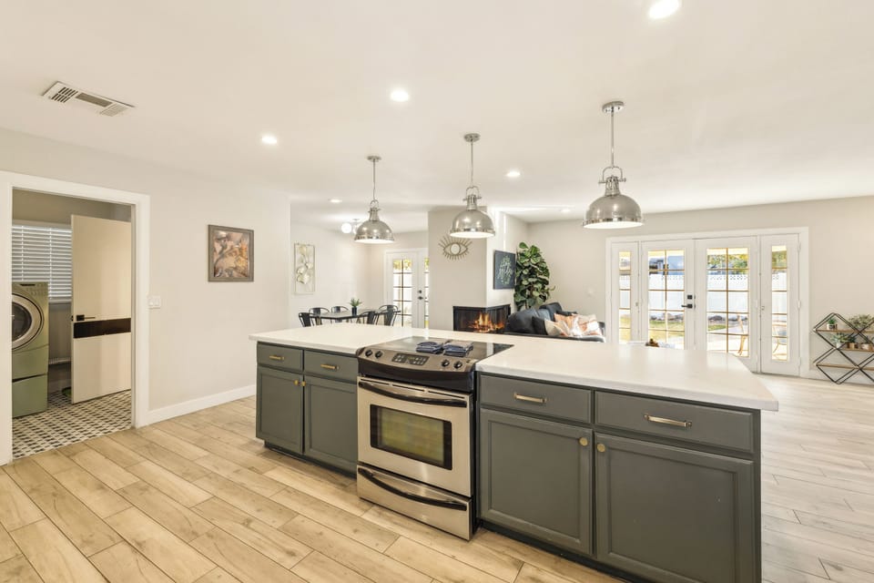 Kitchen island looking inwards to the living and dining room