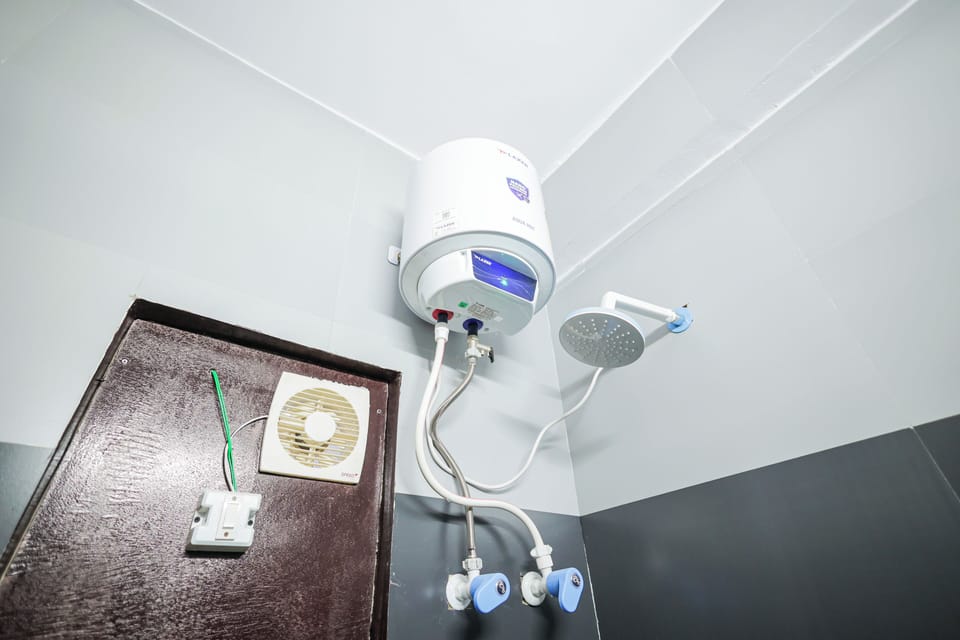 Shower, rainfall showerhead, hair dryer, slippers
