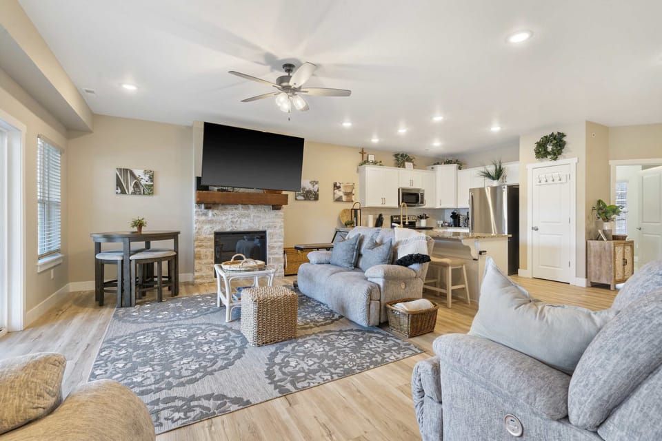 Curl up in the serene living room & enjoy a movie night at home