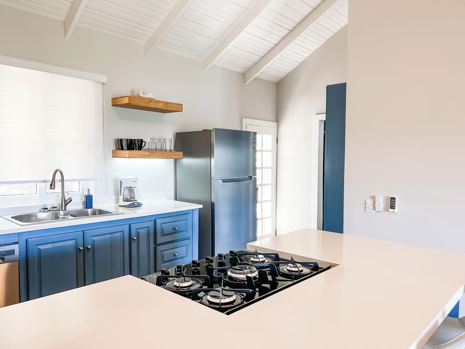 Full kitchen with gas stove.