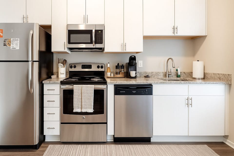 Full kitchen with stainless appliances and ample counter space.