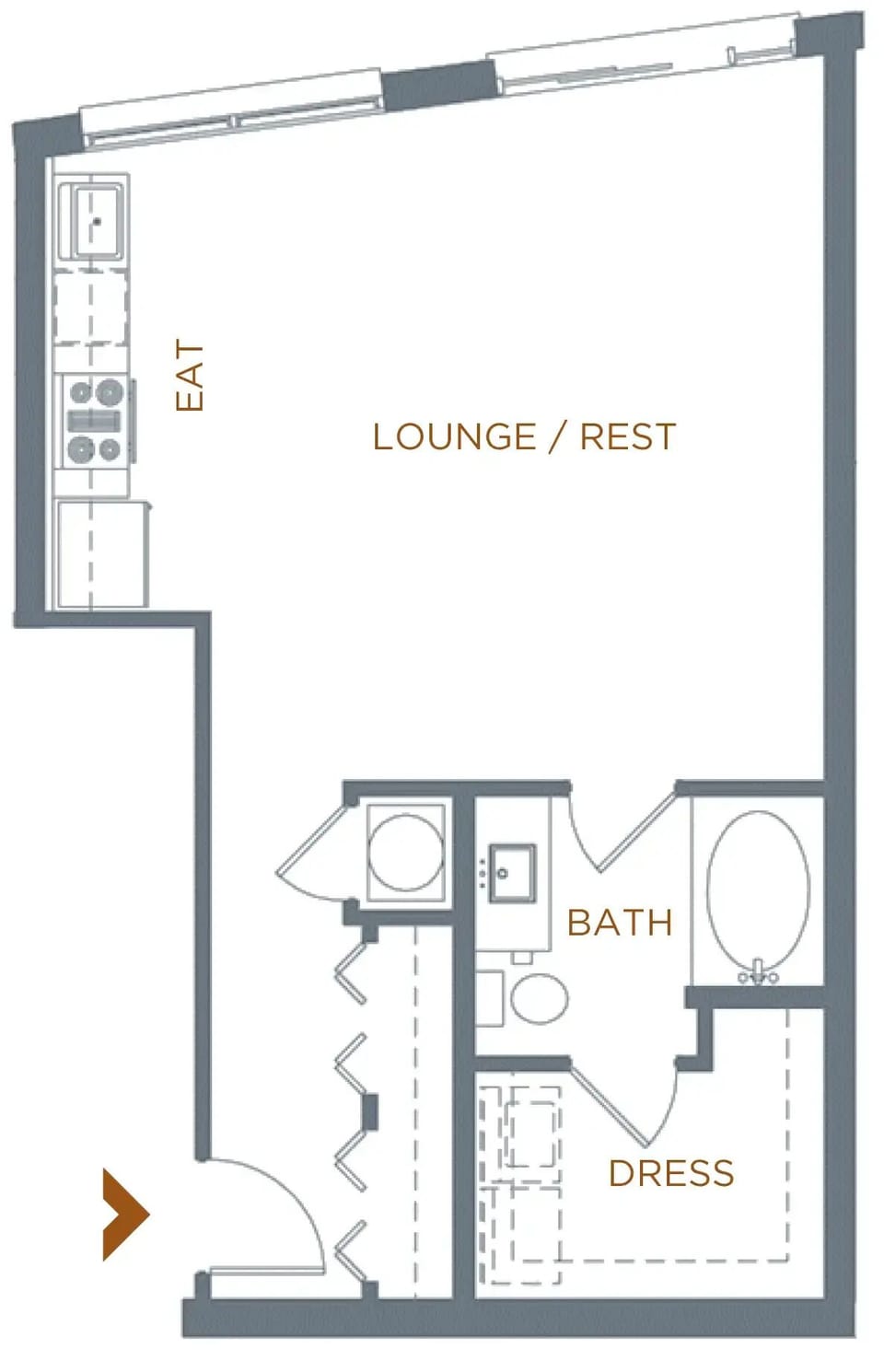 Studio floor plan showing layout of bed, kitchen, and bath.
