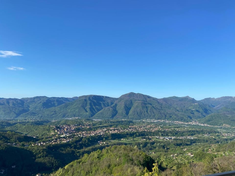View from the front garden over the Serchio valley to the Apuan mountains beyond