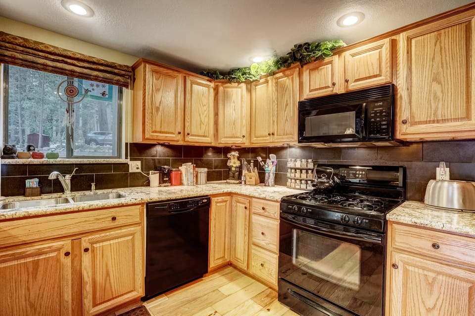 Kitchen with drip coffee maker, Keurig, toaster, and more