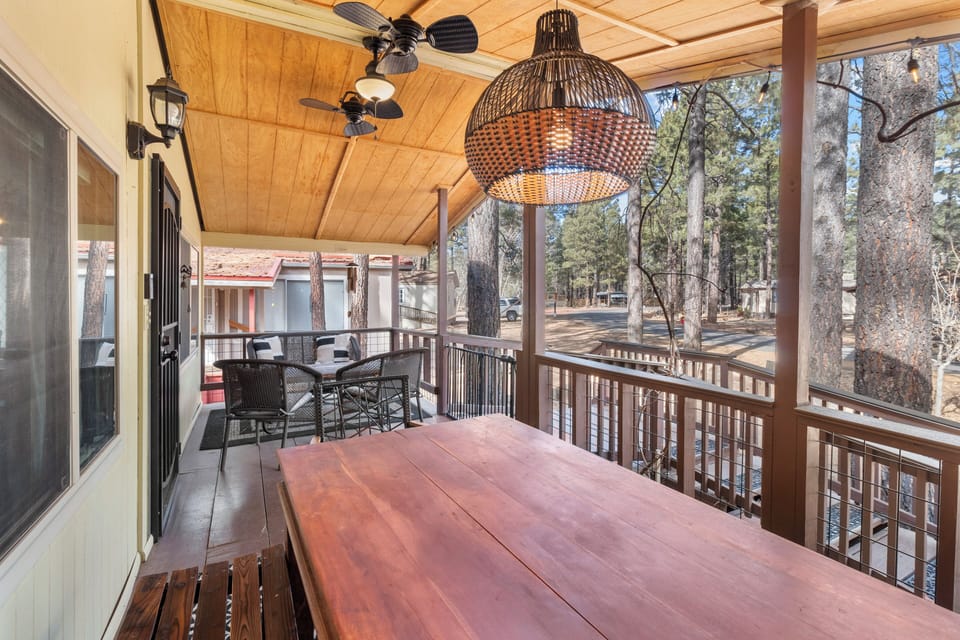 The front deck has comfortable dining options for mealtime.