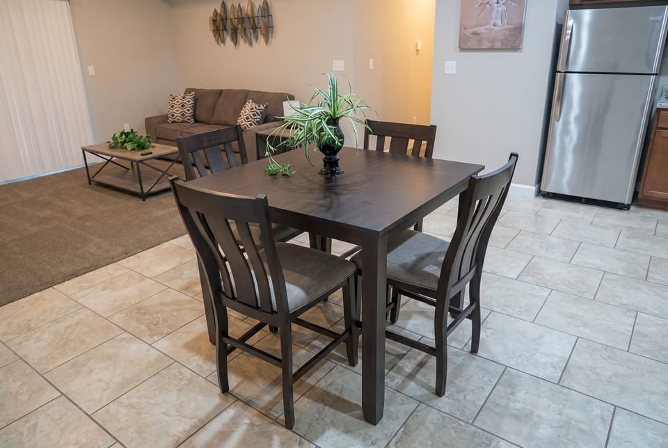 Open dining area with cozy living space and stylish modern touches