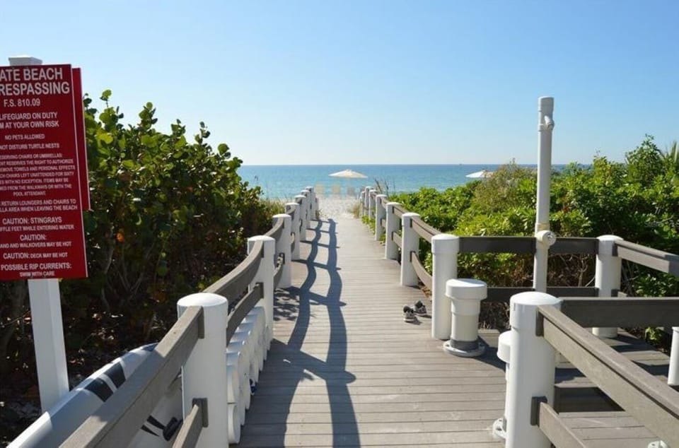 Boardwalk with white posts and gray railings leads through green shrubbery to sandy beach and ocean under clear blue sky.