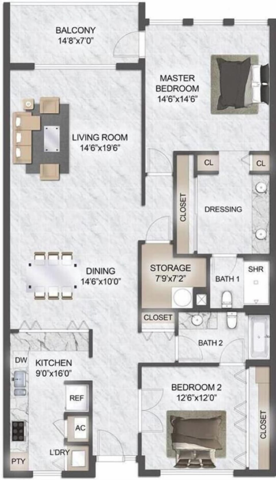 Floor plan showing two bedrooms, two bathrooms, open living and dining area, kitchen, storage, and balcony layout.