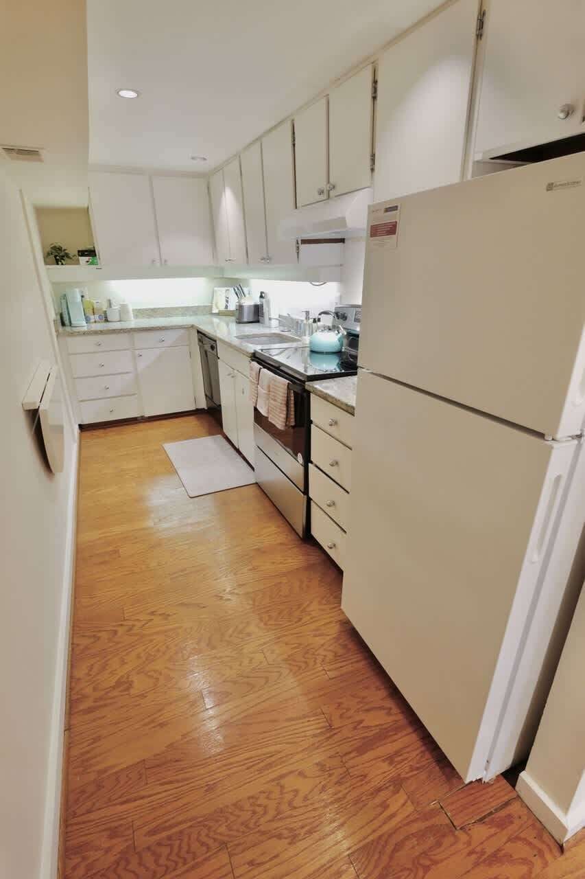 Full sized kitchen comes equipped with all your cooking and coffee needs! 