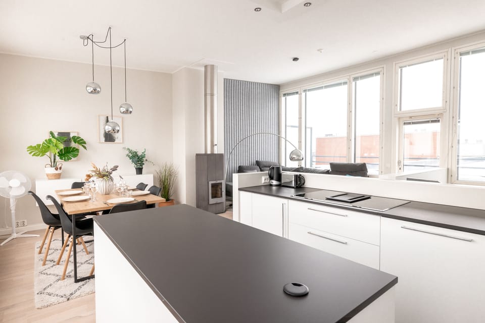 Luxury Penthouse, City View | Private kitchen | Coffee/tea maker, full-size fridge, microwave, oven
