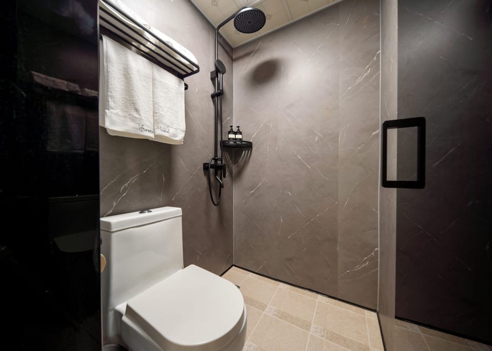 Shower, towels, shampoo, toilet paper