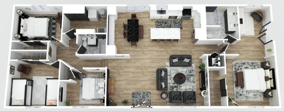 Floor Plan of Home. Two small steps going down to the lower bedrooms/shared bathroom/laundry room