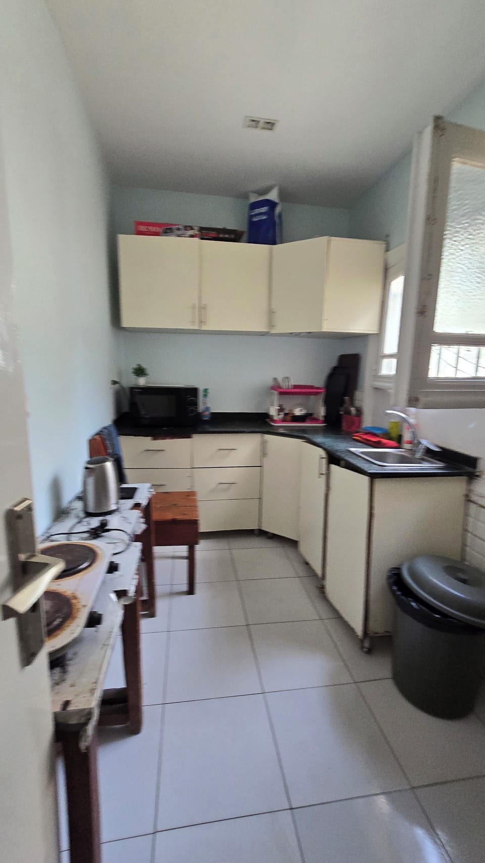 Mini-fridge, microwave, coffee/tea maker, electric kettle