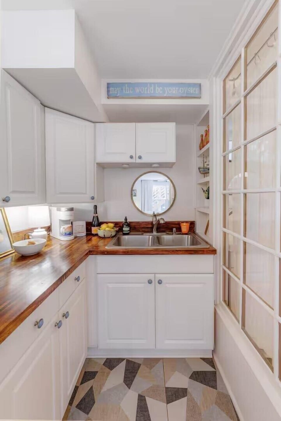 This charming kitchenette has everything you need for a quick bite or morning coffee before exploring Savannah and Tybee Island. Small but mighty—just like The Captain's Nook!