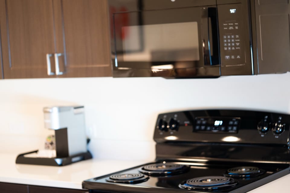 Full-size fridge, microwave, oven, stovetop