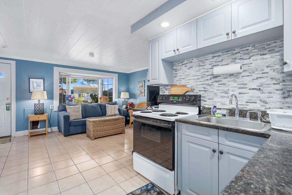 Kitchen overlooking living room area