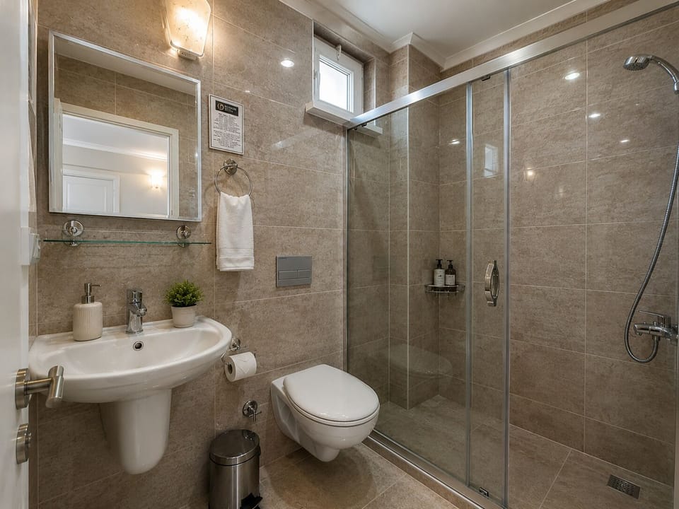 Shower, free toiletries, hair dryer, towels