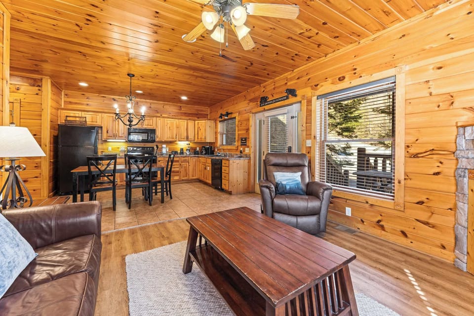 Open living, dining, and kitchen area