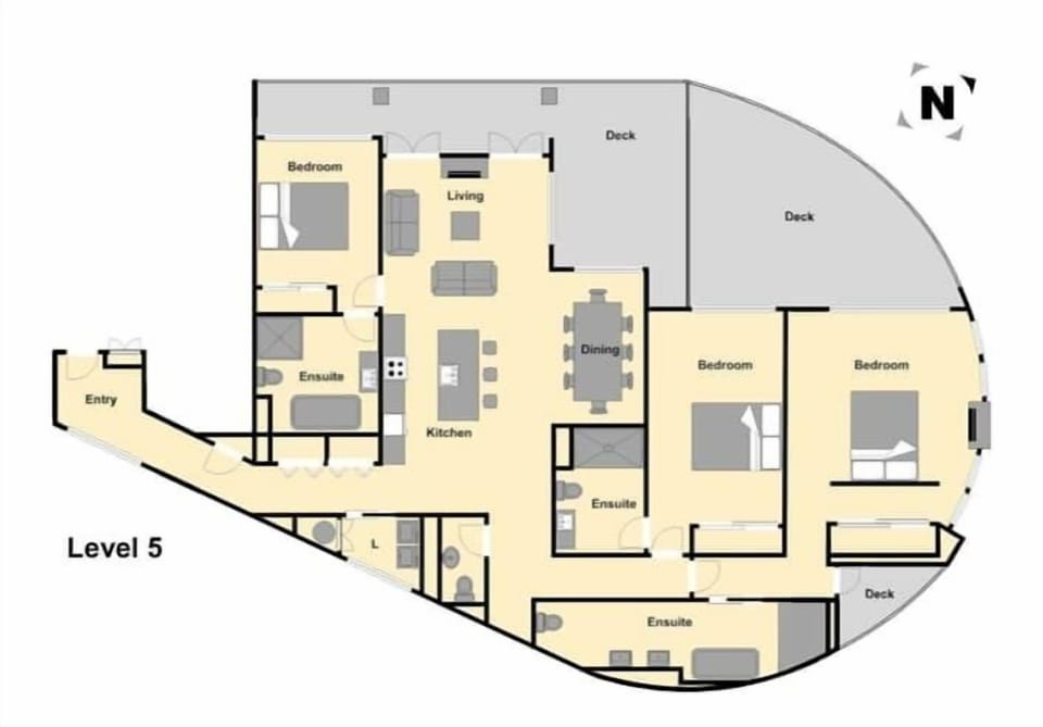 The penthouse takes up the entire top floor, with three double sized bedrooms, all with private ensuites, as well as a separate powder room, huge outdoor deck, open plan kitchen, dining and living rooms and internal private laundry.